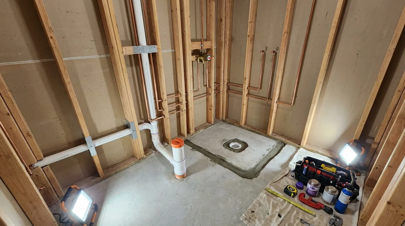 Bathroom rough-in plumbing during remodel by Johns Plumbing LLC in Browning
