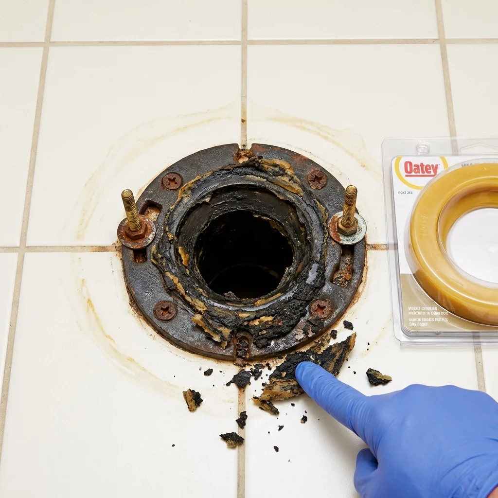 Failed wax ring showing water seepage at the base of a toilet in a Browning, MT home