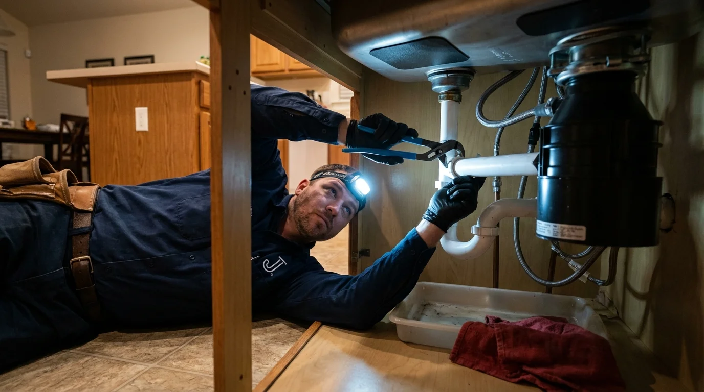 P-trap and supply line connections under a kitchen sink showing a common leak point in Browning, MT